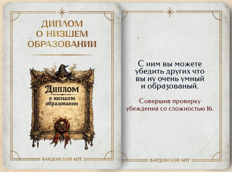 Карточка артефакта «Диплом о низшем образовании»